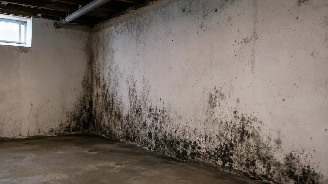 Schwarzer Schimmelbefall an einer feuchten Kellerwand